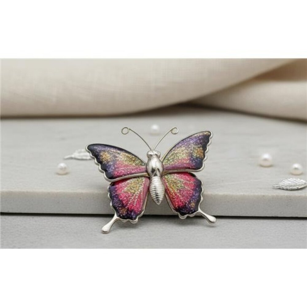Vintage Interpur Taiwan Butterfly Brooch Glitter Enamel Gold Tone Multicolor